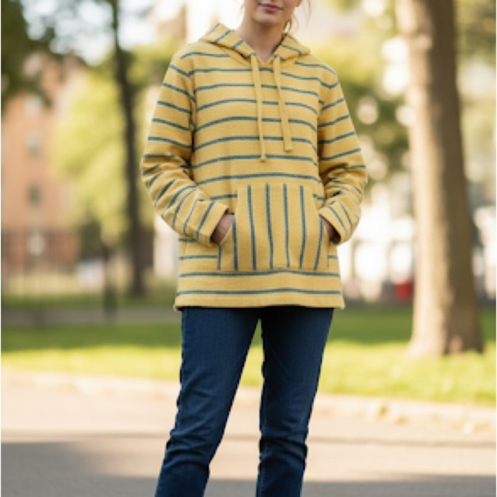Authentic Mexican Yellow and Blue Striped Woven Hoodie Poncho Unisex Large